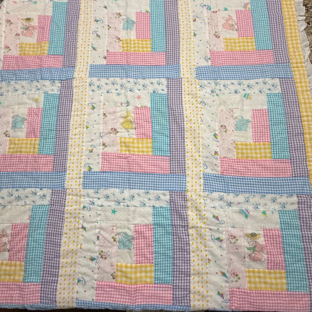 Vintage Handmade Baby Quilt Pastel Gingham Bunny Log Cabin Eyelet Trim 44x45